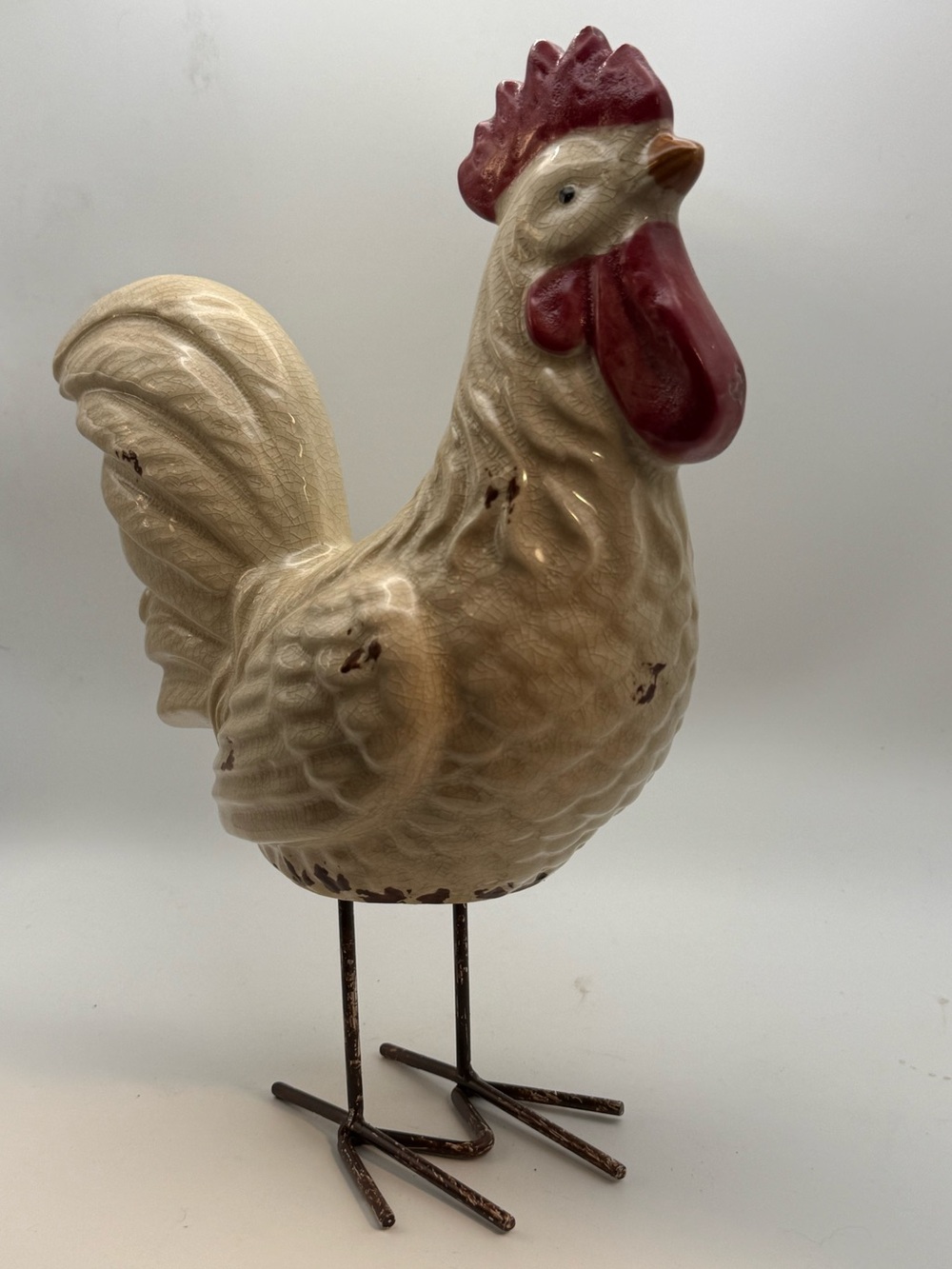 Cream and Red Ceramic Rooster Figurine